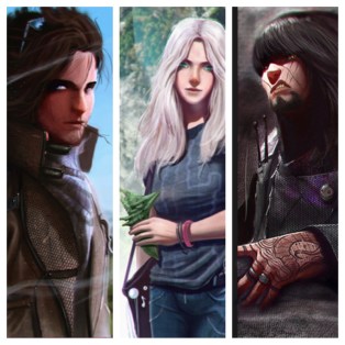 Main characters from my series-in-progress: hero Nick Stone, heroine Lark Turehu and antagonist Mikk Stone. Art by John Taylor.